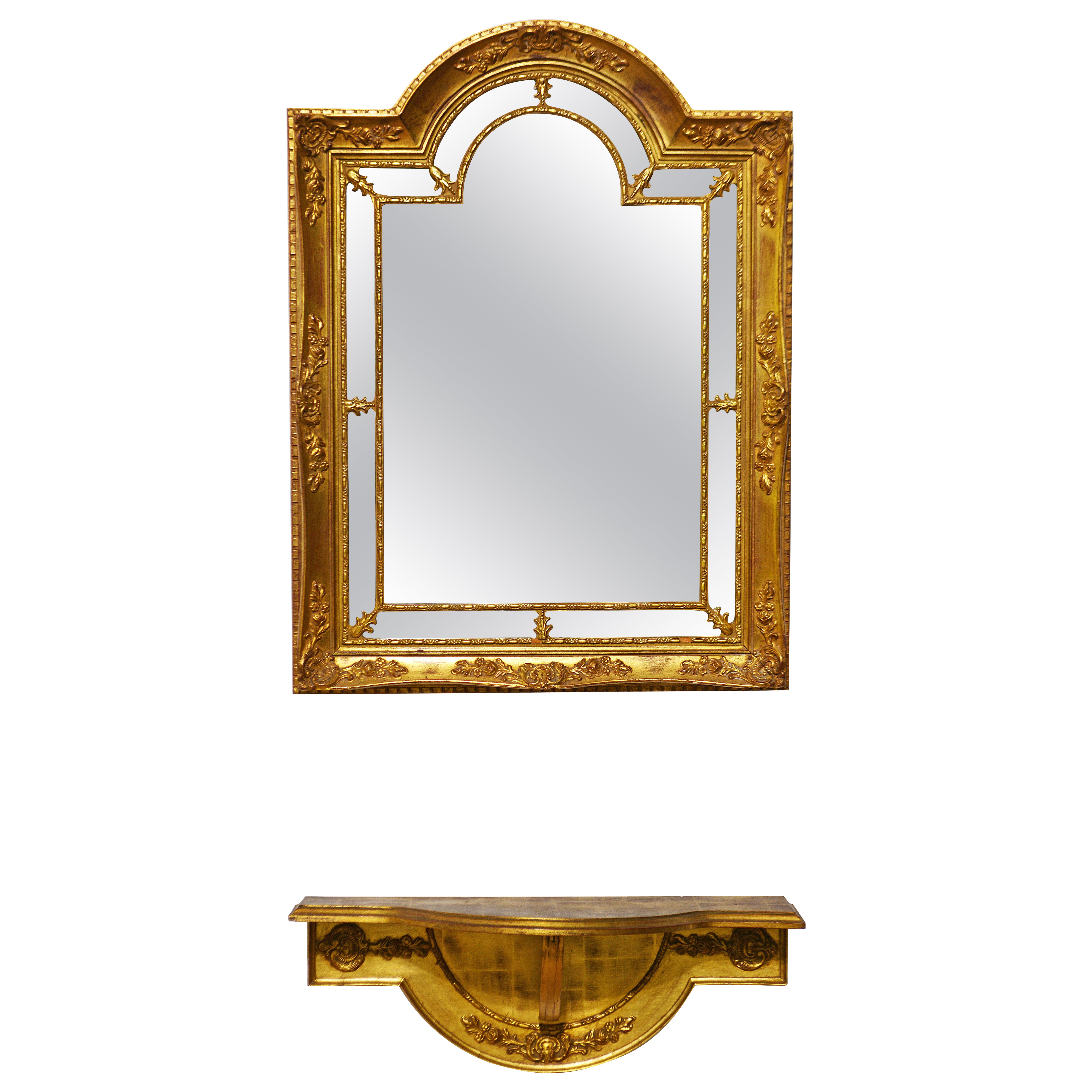 Miroir en bois doré sculpté de style Louis XV avec support mural console par Labarge