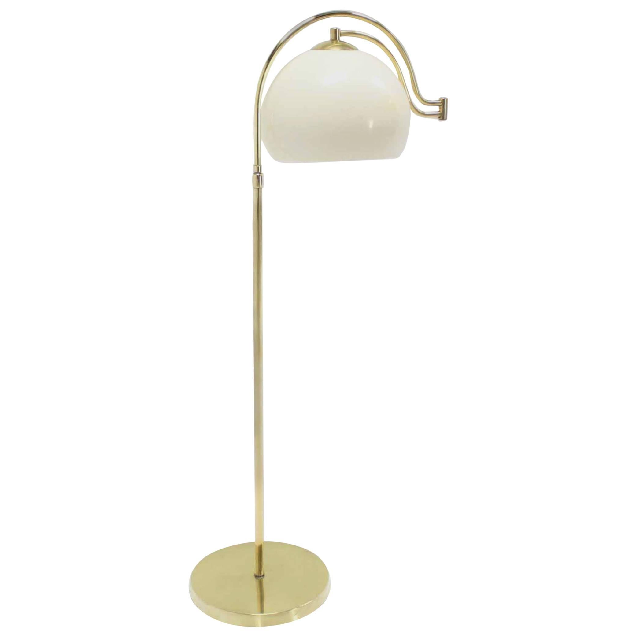Fully Adjustable Mid Century Modern Brass Base Floor Lamp Globe Shade For Sale