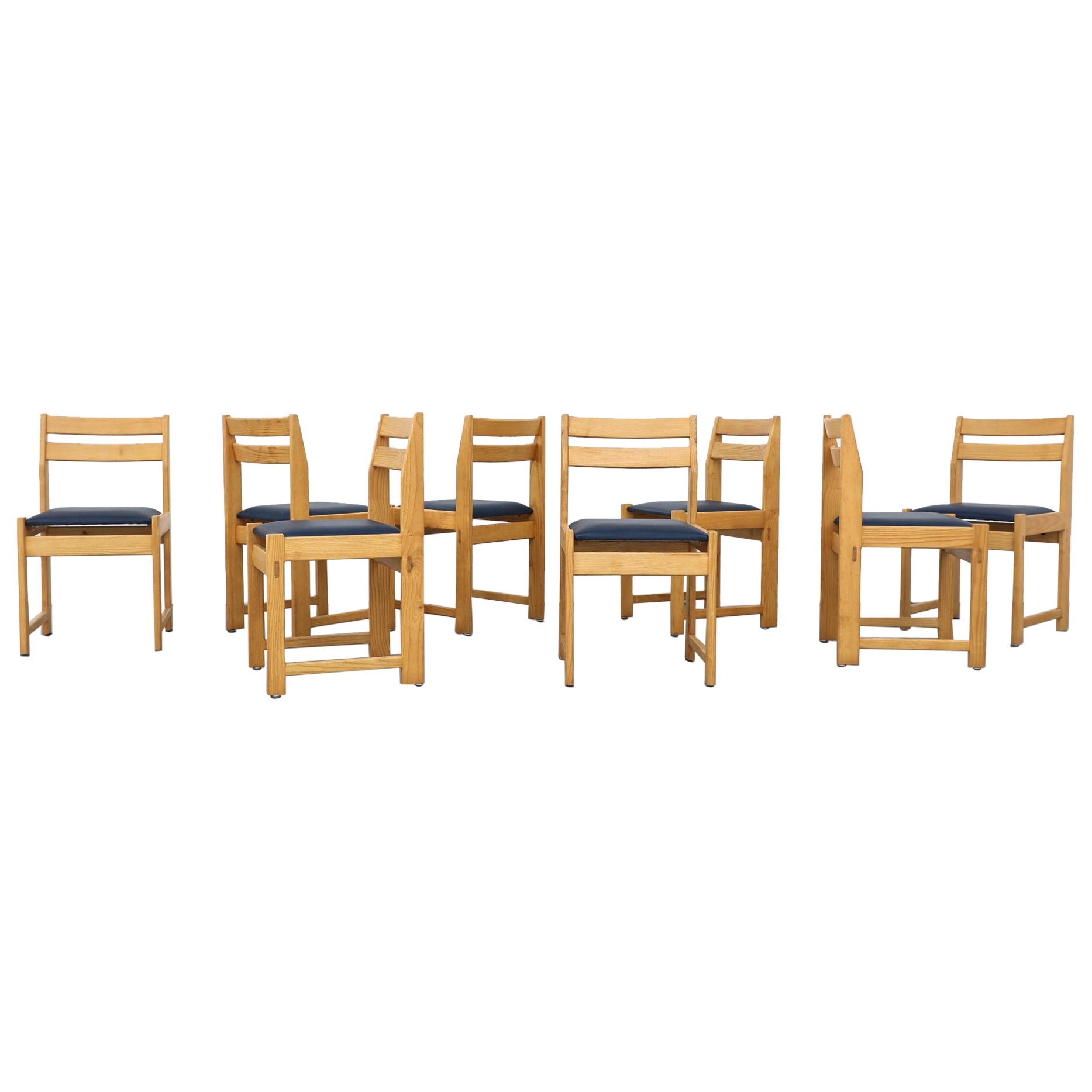Set of Eight Ate van Apeldoorn Oak & Blue Skai Dining Chairs for Houtwerk Hattem For Sale