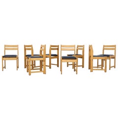 Retro Set of Eight Ate van Apeldoorn Oak & Blue Skai Dining Chairs for Houtwerk Hattem
