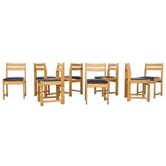 Ensemble de 8 chaises de salle à manger Ate van Apeldoorn en chêne et Skai bleu pour Houtwerk Hattem
