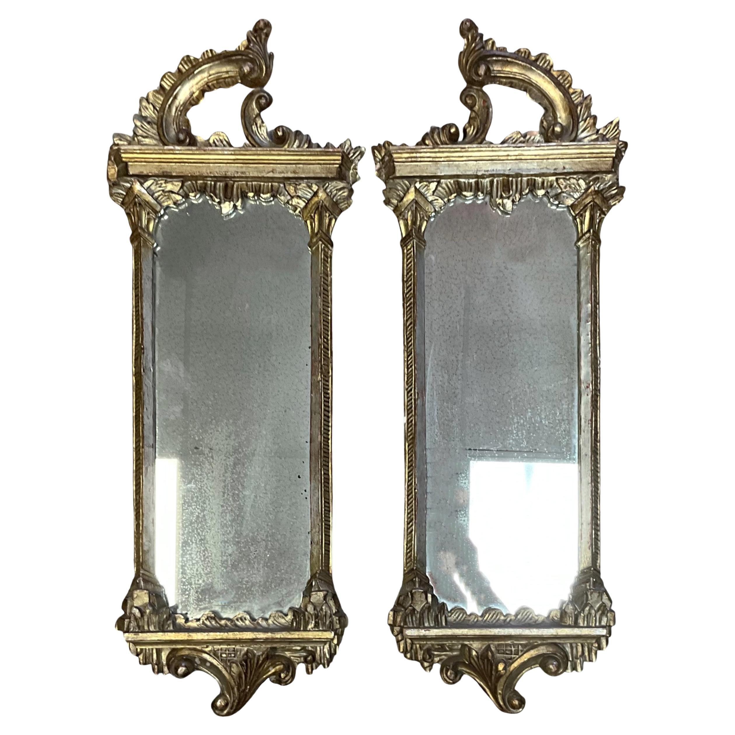 1930s Italian Chinese Chippendale Style Carved Silver Giltwood Mirrors - Pair  For Sale