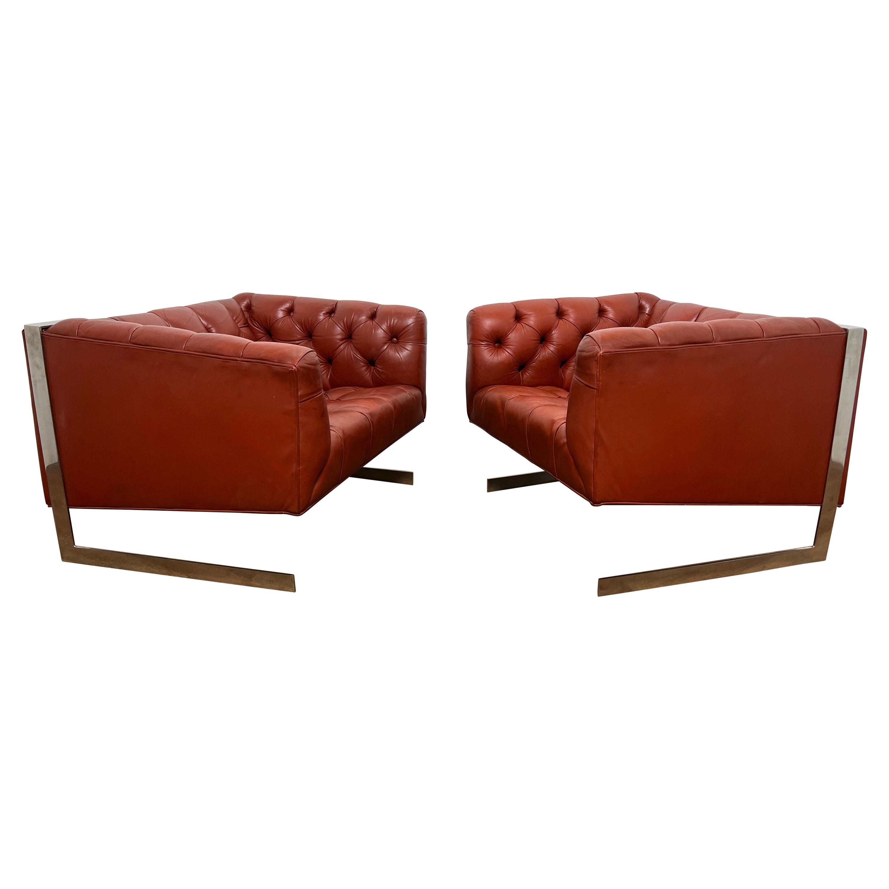 Pair of Milo Baughman Style Leather and Chrome Cantilever Lounge Chairs c. 1970s For Sale