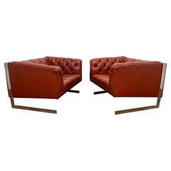 Vintage Pair of Milo Baughman Style Leather and Chrome Cantilever Lounge Chairs c. 1970s
