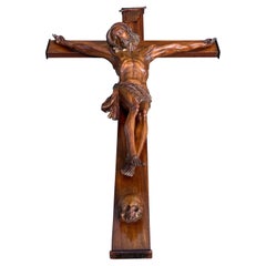 Large Antique Hand Carved Nutwood Church Crucifix w. Corpus of Christ Sculpture