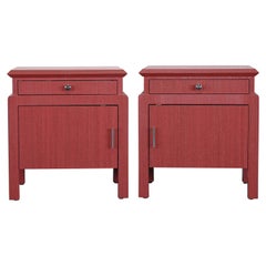 Used Pair of Coral Toned Harrison Van Horn Linen Wrapped Bedside Tables, 1980s