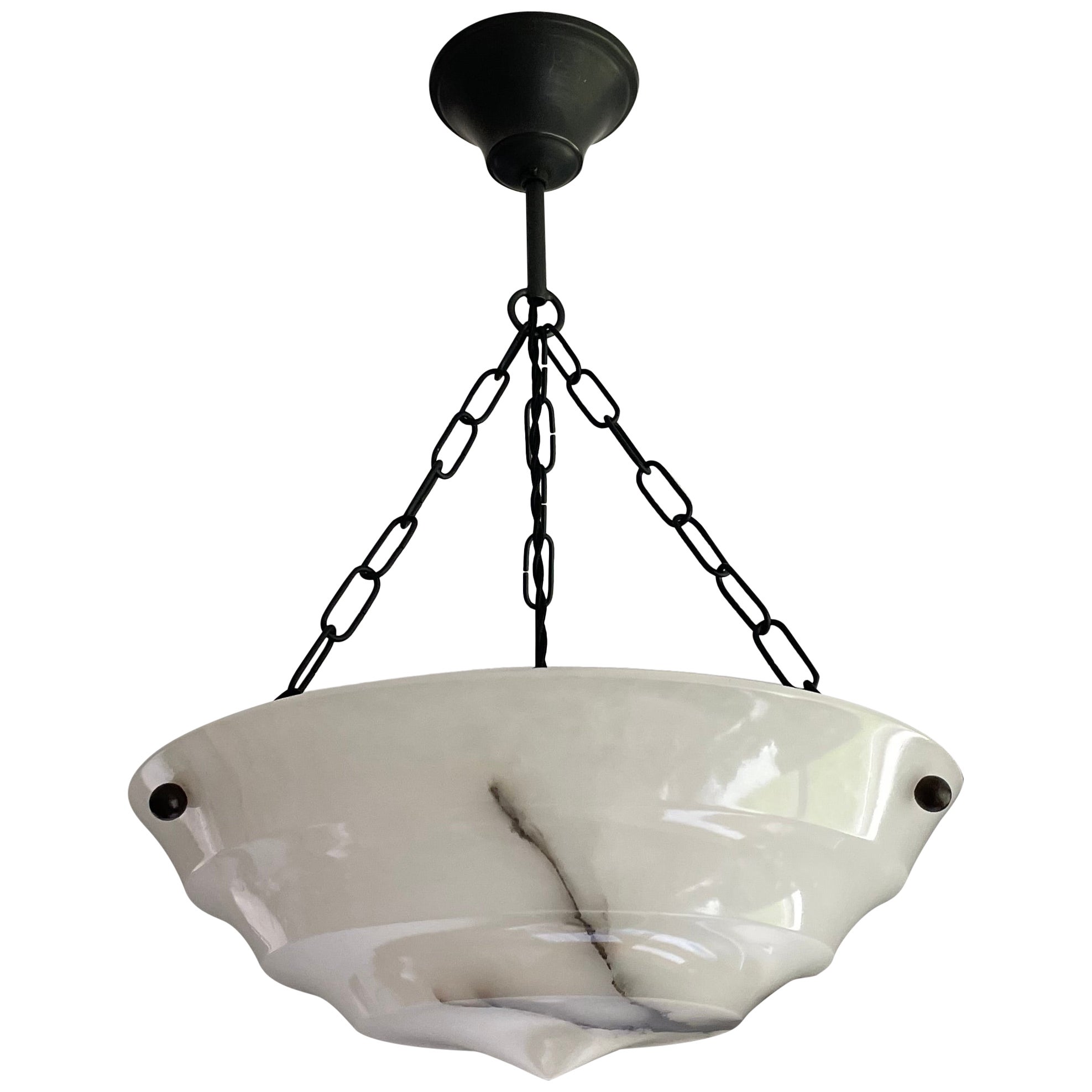 Pure Art Deco Layered Alabaster Pendant / Flush Mount W. Blackened Brass Canopy For Sale