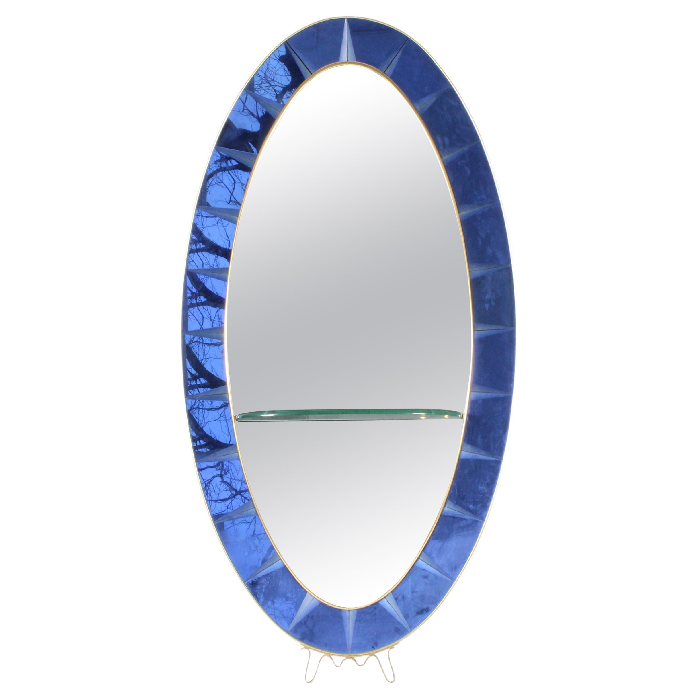 Remarquable miroir de sol ovale en verre taillé bleu cobalt par Cristal Arte Of Turin en vente