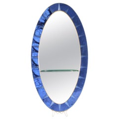 Remarquable miroir de sol ovale en verre taillé bleu cobalt par Cristal Arte Of Turin