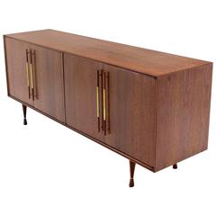 Long Walnut Dresser Credenza with Brass Pulls