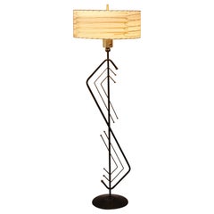 Mid Century Modern Majestic Floor Lamp. Iron Brass Atomic 1950s Fiberglass Shade