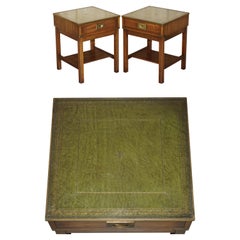 PAIR OF GREEN LEATHER MILITARY CAMPAiGN SINGLE DRAWER SIDE END LAMP WINE TABLES