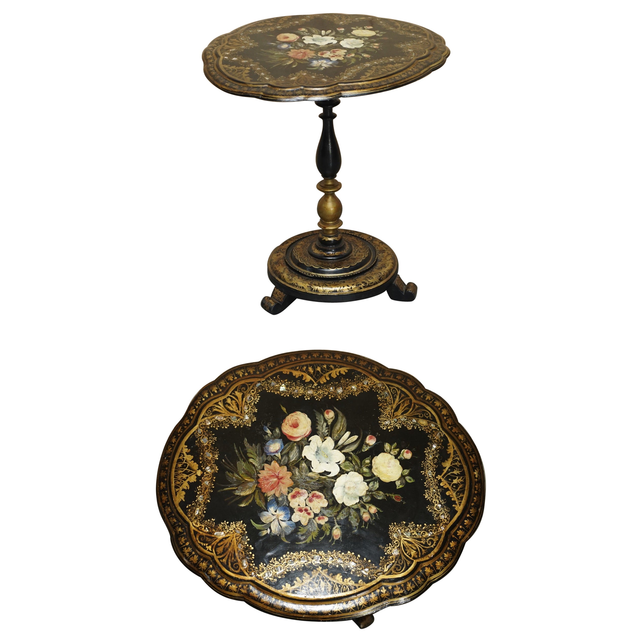 Table d'appoint exquise de la Régence antique 1810 LACQUERED MOTHER OF PEARL INLAID TiLT OP TABLE