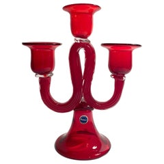 Three-armed Candelabra in Red Murano Glass from the 1950s