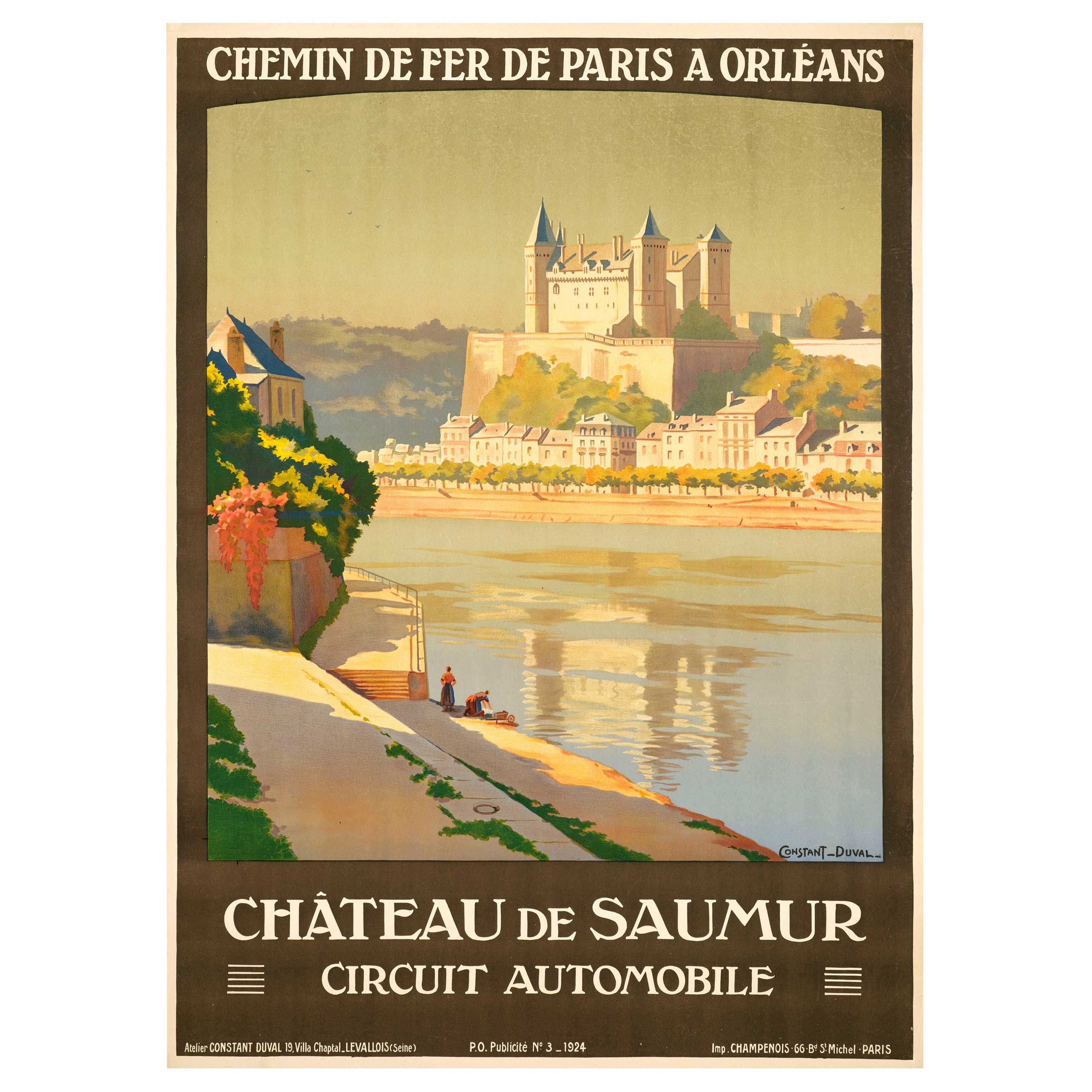Affiche originale de voyage Constant Duval, Saumur, Chateau Loire, voiture, Paris, 1924 en vente