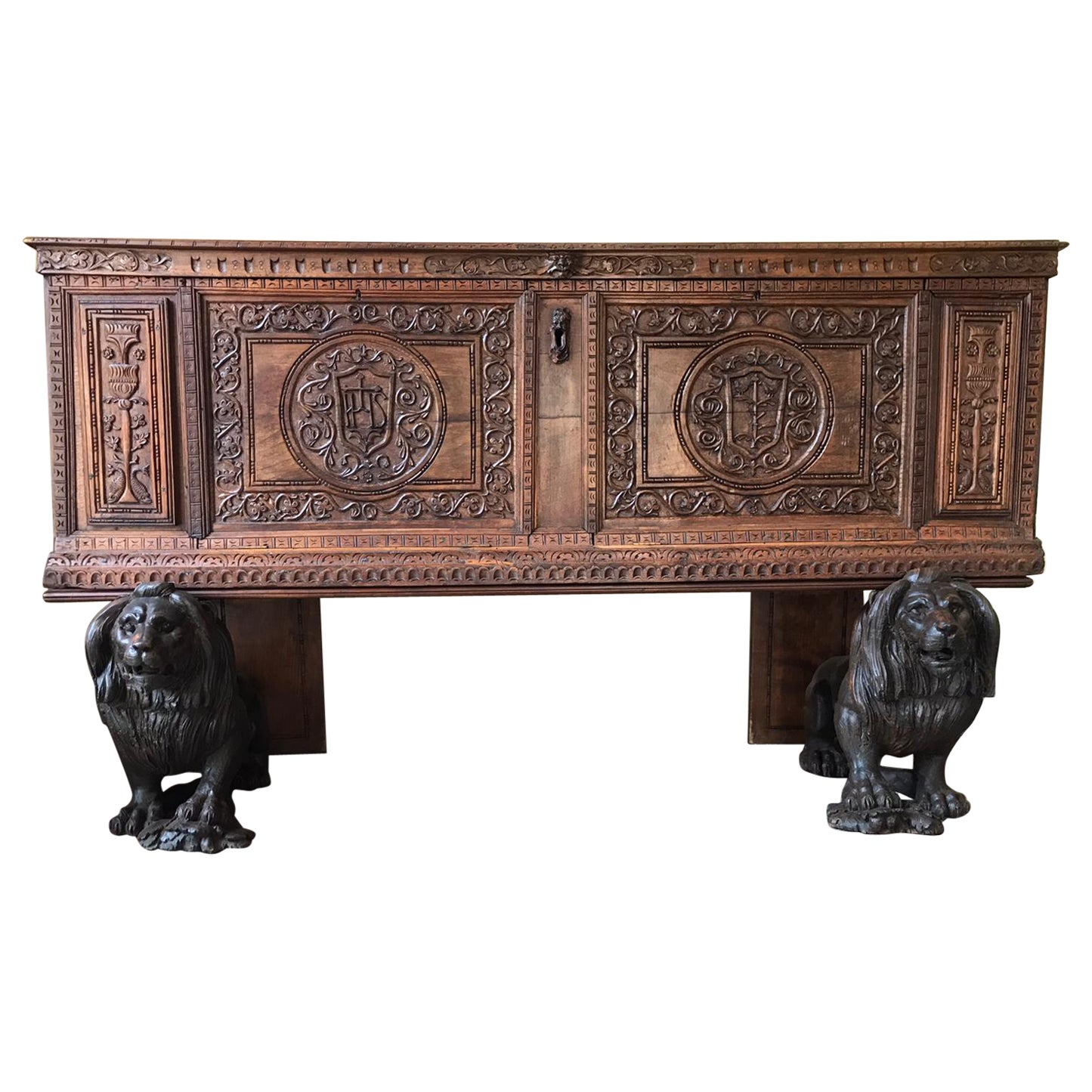 Italian 20th Century Baroque Style Carved Walnut Figural  Cassone Chest- Boot