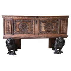 Antique Italian 20th Century Baroque Style Carved Walnut Figural  Cassone Chest- Boot