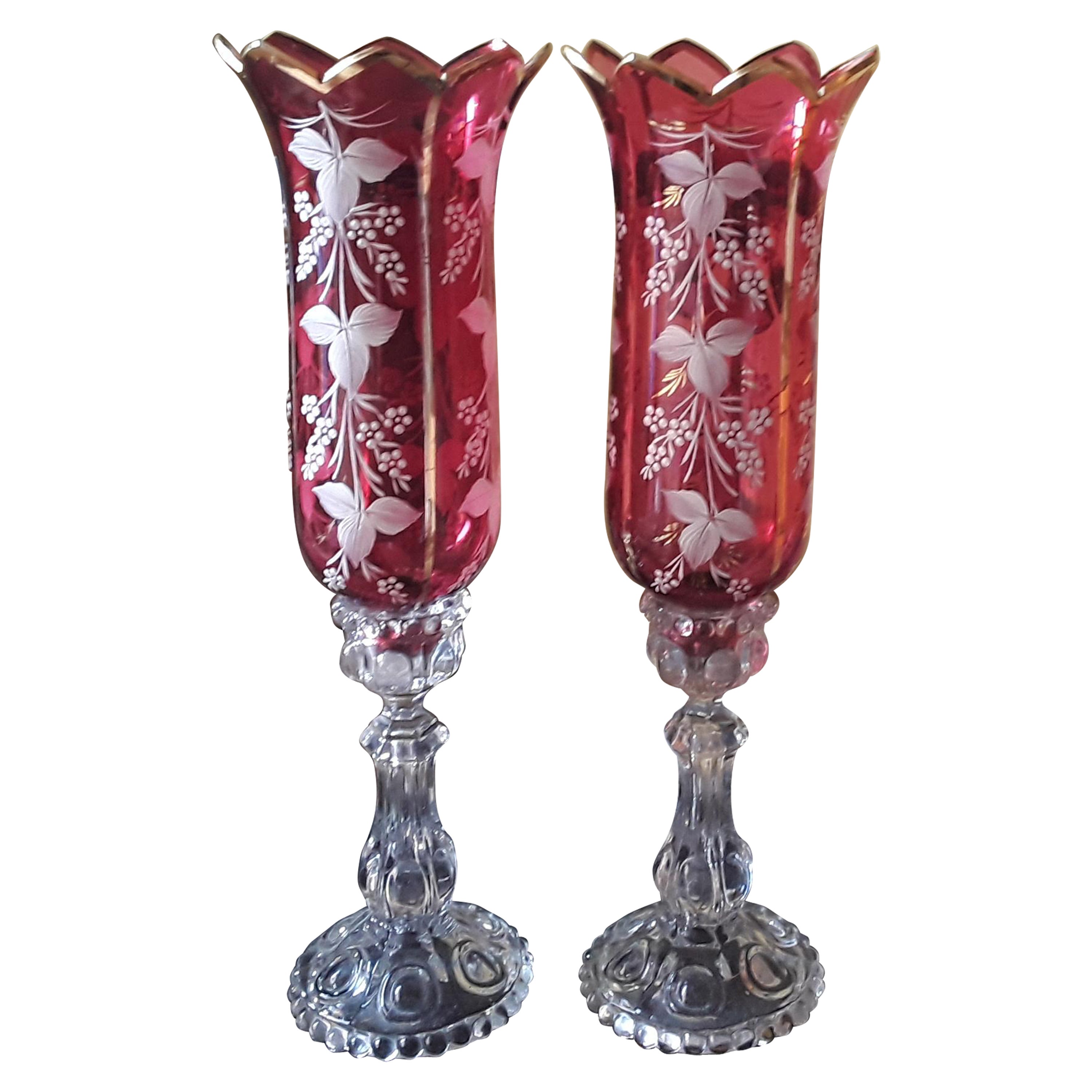 1950's Vintage Pair of Red Hand Painted Crystal Medallion Series Candle Lamps. For Sale