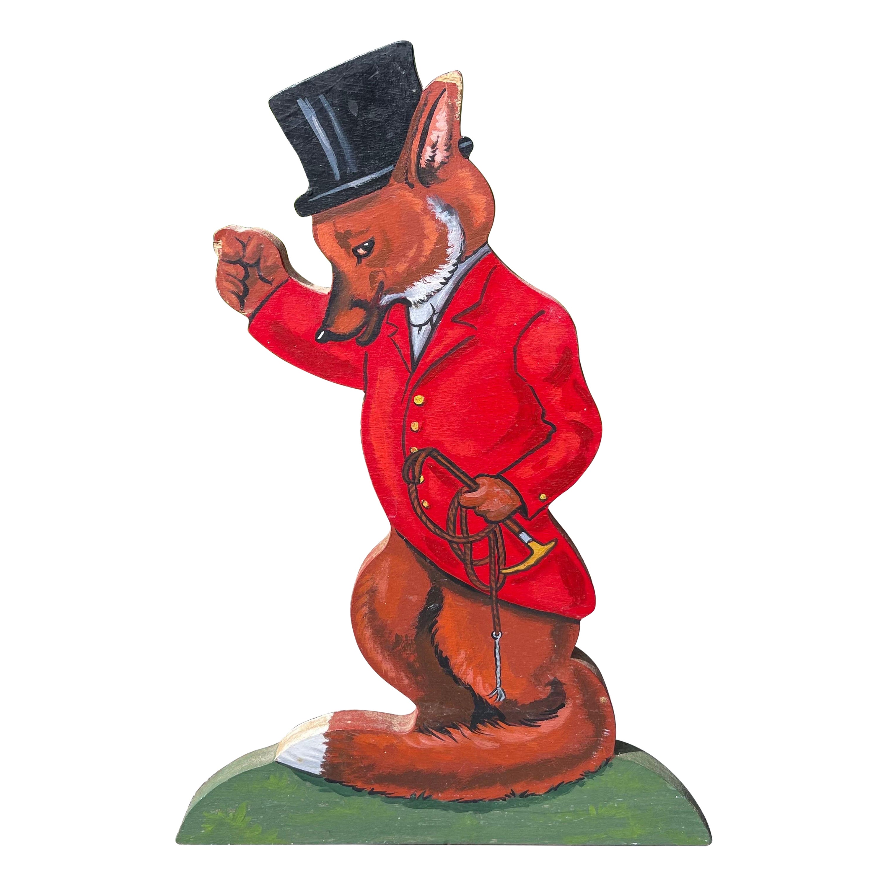 Sculpture de butoir de porte anthropomorphe en forme de renard attiré par la chasse, peinte à la main en vente