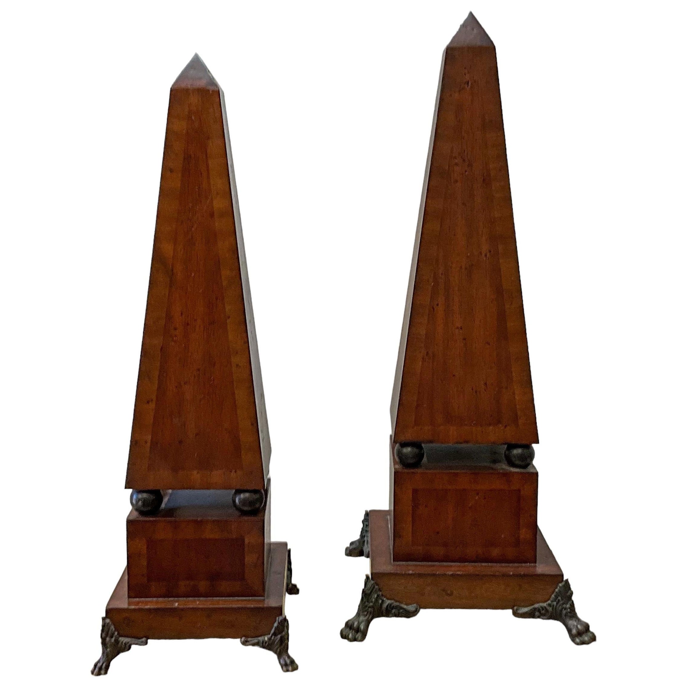 20th-C. Neo-Classical style Inlaid Mahogany And Bronze Obelisks - S/2 For Sale