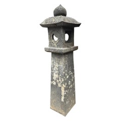 Japanese Tall Vintage Stone Sun And Moon Pathway Lantern Beautiful Details, 40"