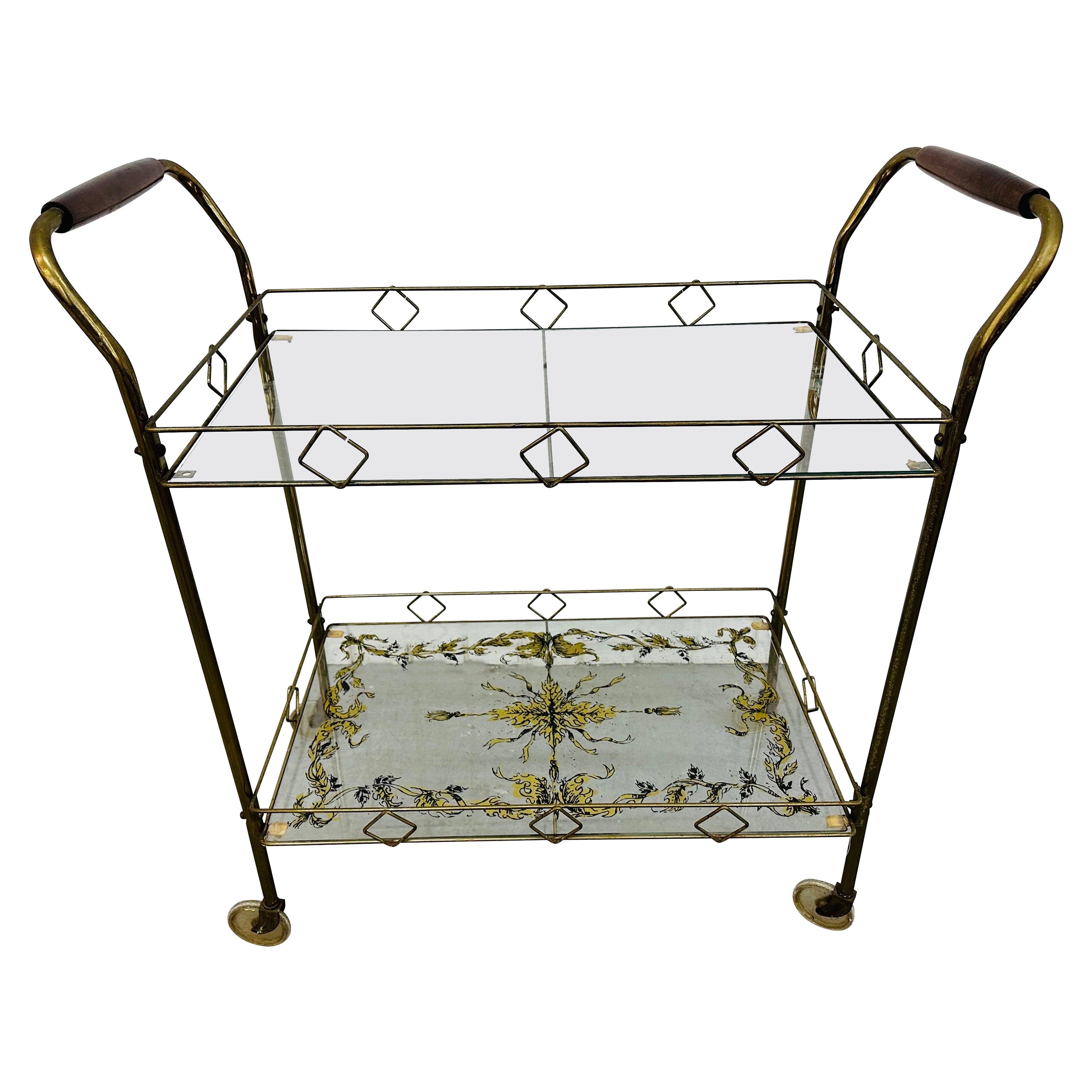 Mid-Century Modern Brass & Glass Bar Cart For Sale