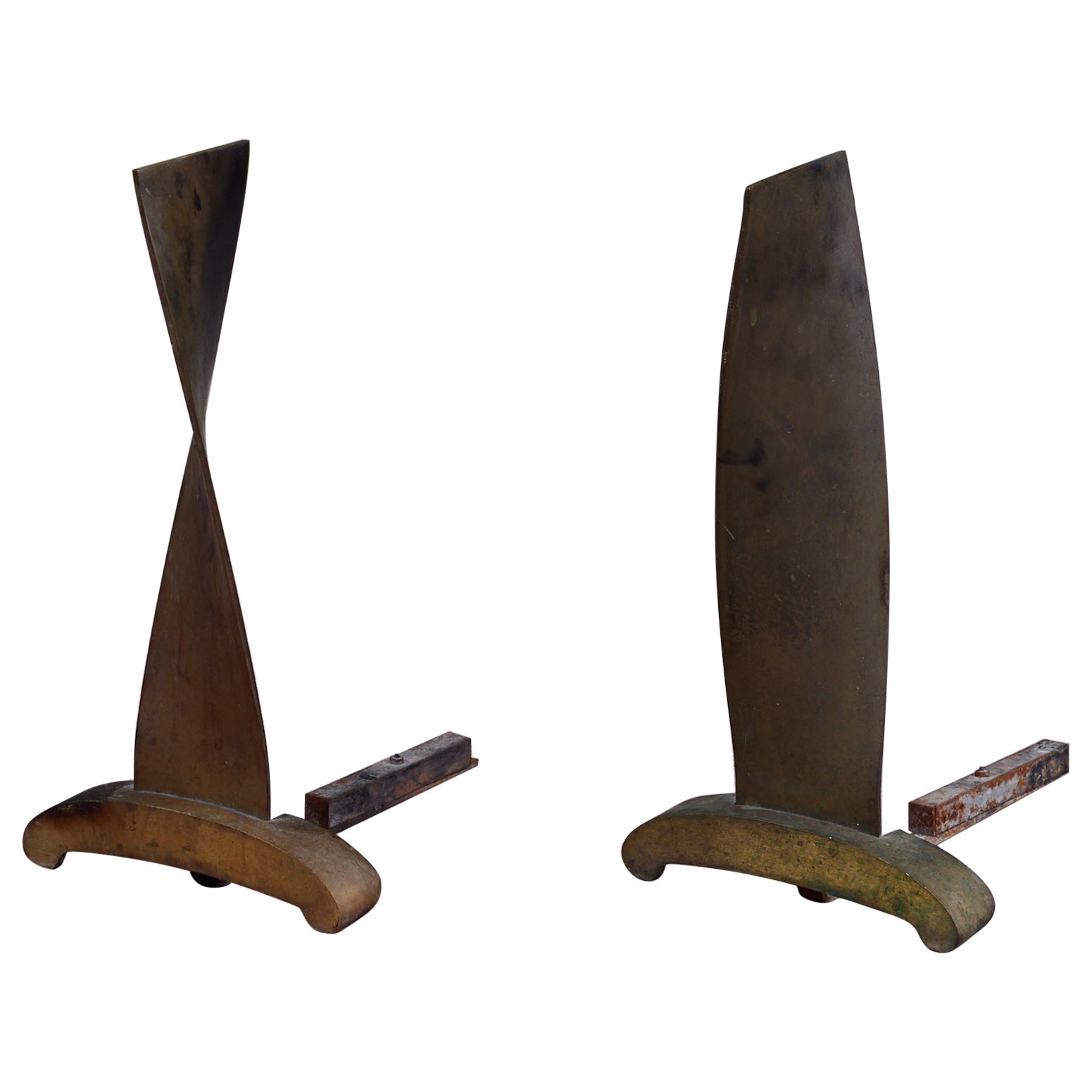 Modernist Twisted Bronze Andirons For Sale