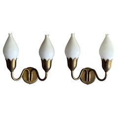 Fog & Mørup "Tulip" Wall Light Lamps in Brass and Milk Glass, Denmark, 1950s