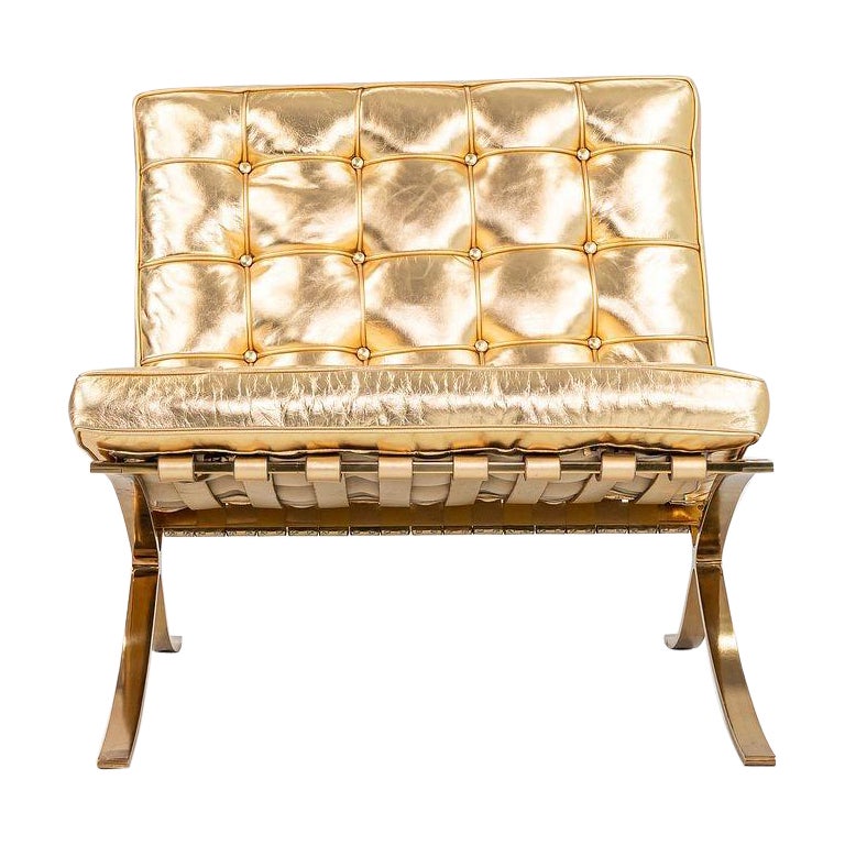 Mies Van der Rohe Barcelona Chair in Gold Leaf Leather w/ Gold Plated Frame
