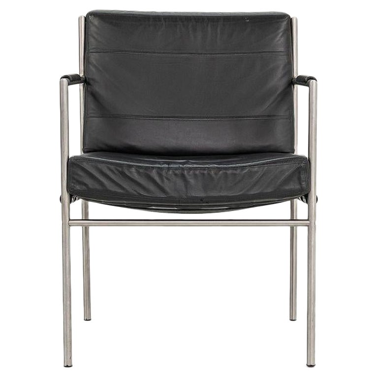 William Katavolos Prototype Arm Chair en acier brossé et cuir noir  en vente