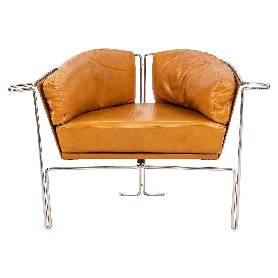 1986 Entelechy Series Prototype Lounge Chair in Tan Leather w/ Chrome Frame For Sale