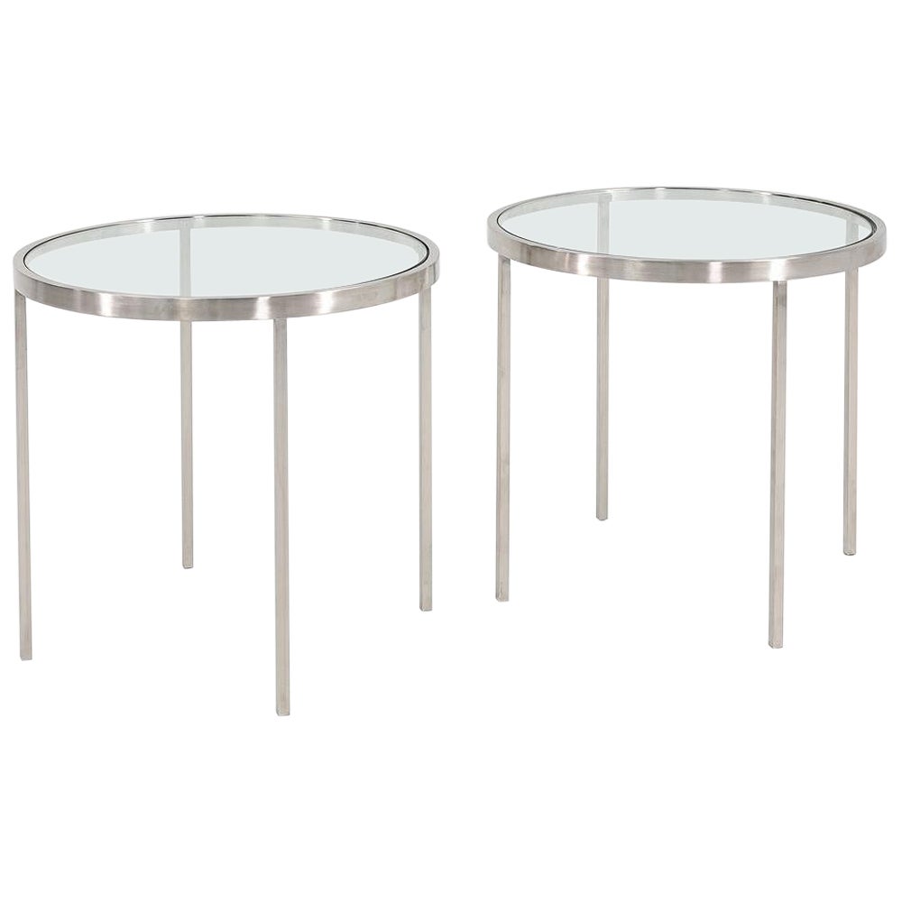 Custom Gratz Industries Side Tables in Solid Stainless Steel with Glass Tops For Sale