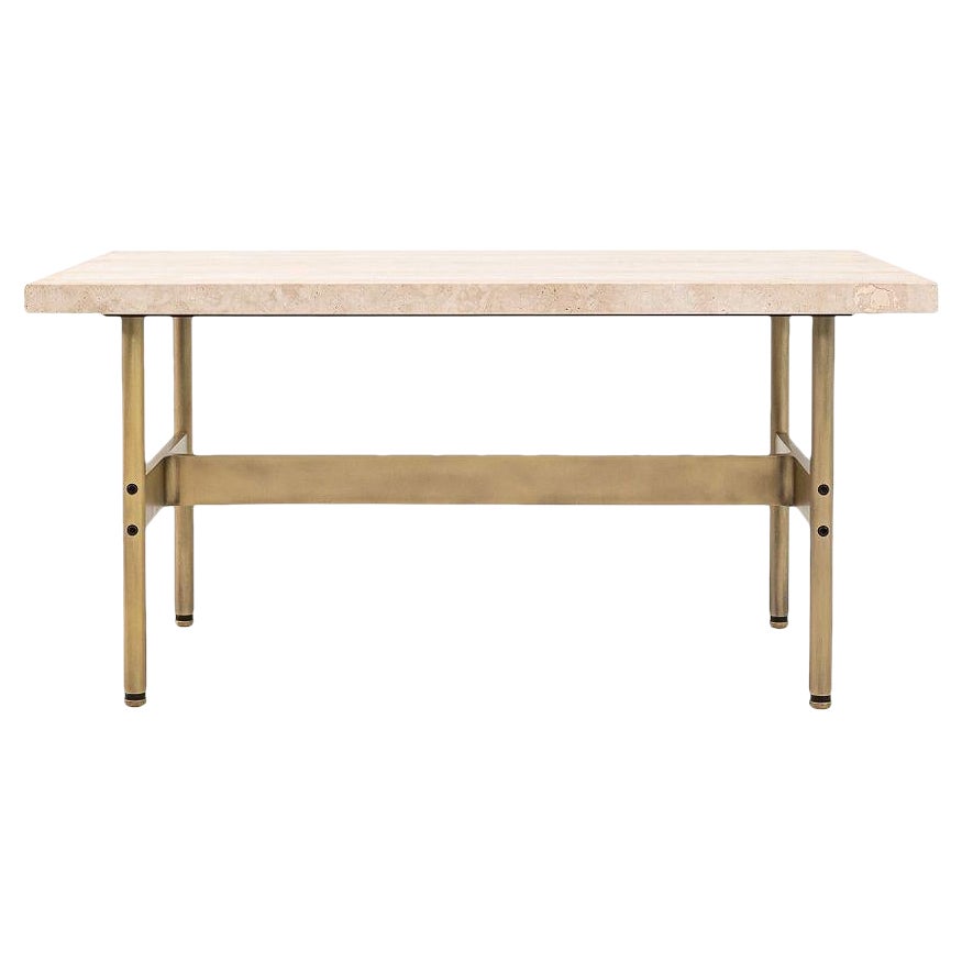 Laverne Rectangle Cocktail Table w/ Travertine Top on Light Antique Bronze Frame For Sale