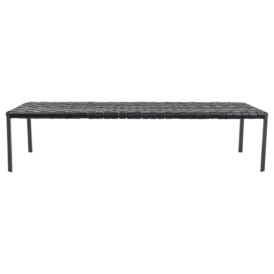 Laverne TG-18 Long Woven Leather Bench in Black Leather on Blackened Frame For Sale