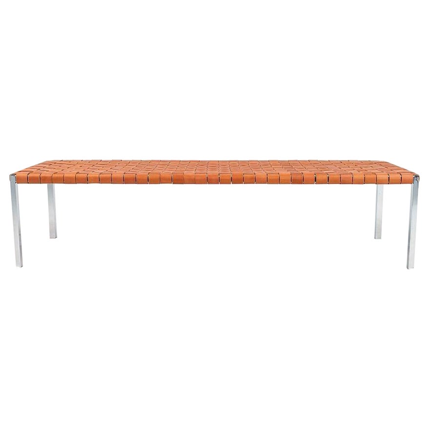 Laverne TG-18 Long Woven Leather Bench in Tan Leather on a Polished Chrome Frame For Sale