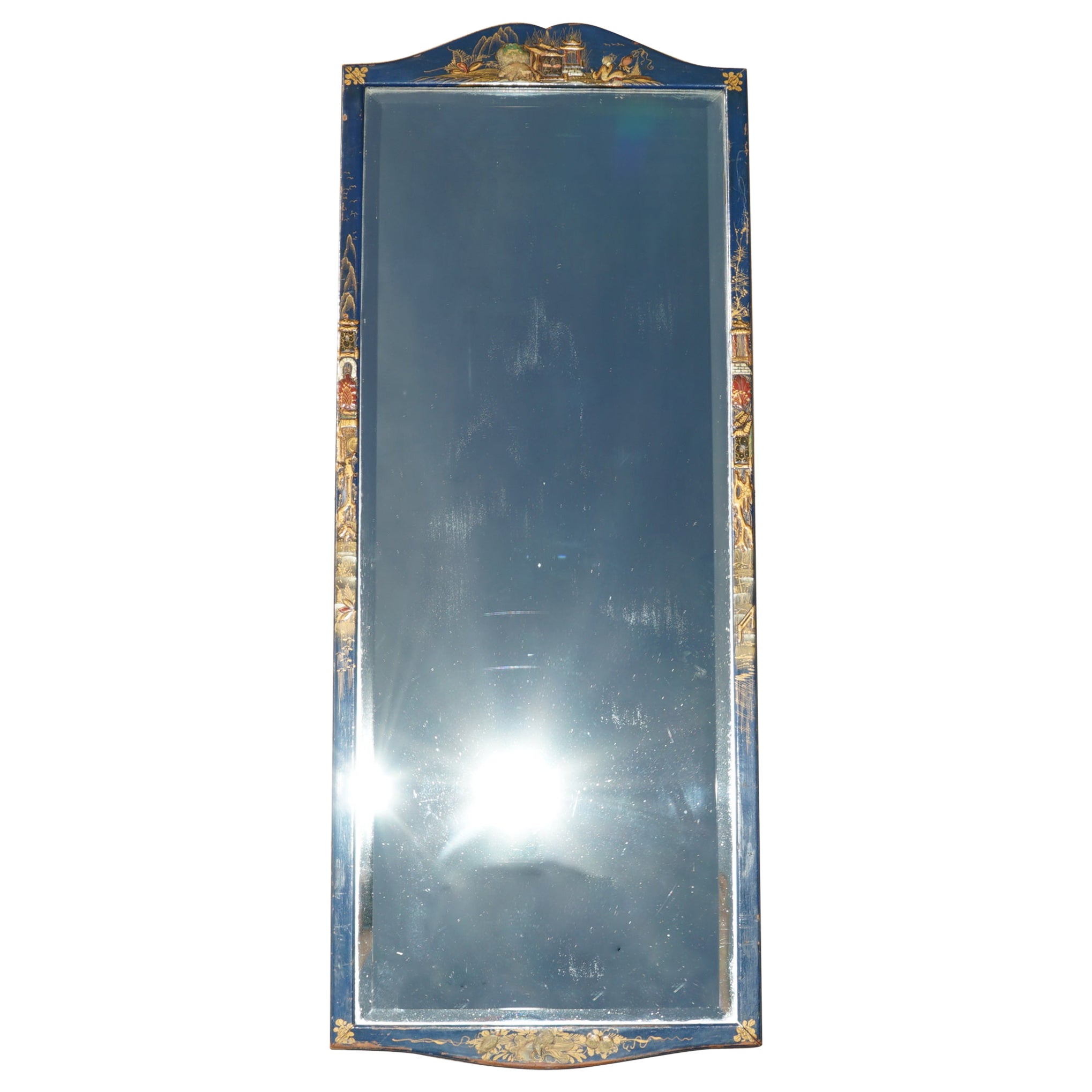 LOVELY ANTIQUE CHiNESE CHINOISERIE BLUE FRAMED MIRROR WITH ORNATE HAND PAINTINGS For Sale