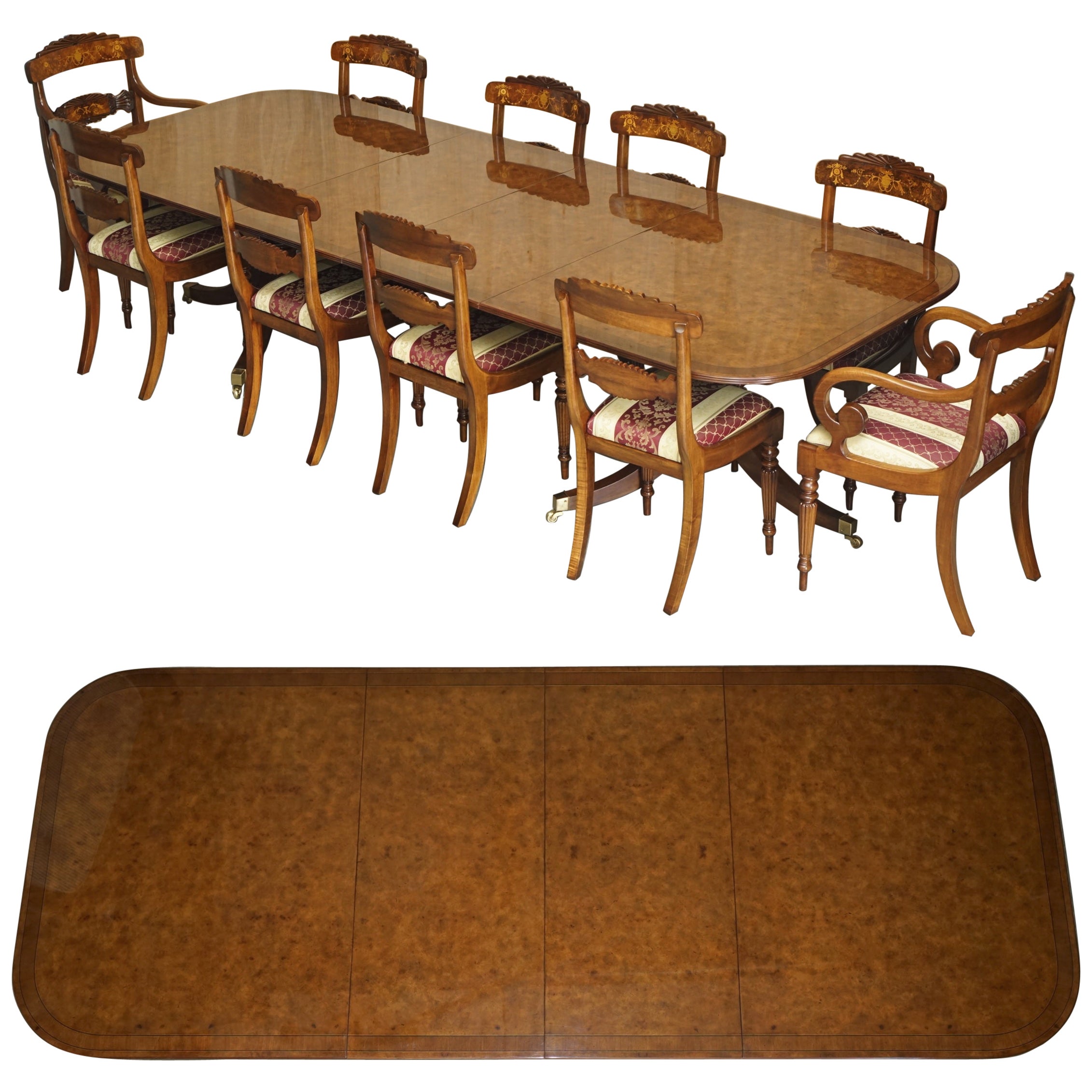 EXQUISITE TWO PEDESTAL BURR WALNUT EXTENDING DiNING TABLE & 10 CHAIRS SUITE For Sale
