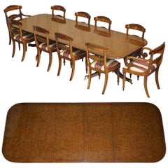 EXQUISITE TWO PEDESTAL BURR WALNUT EXTENDING DiNING TABLE & 10 CHAIRS SUITE