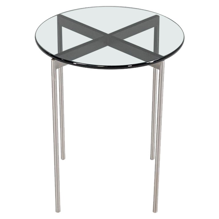 Scope Series Stainless Side Tables with Dark Glass Top 2x Available For Sale