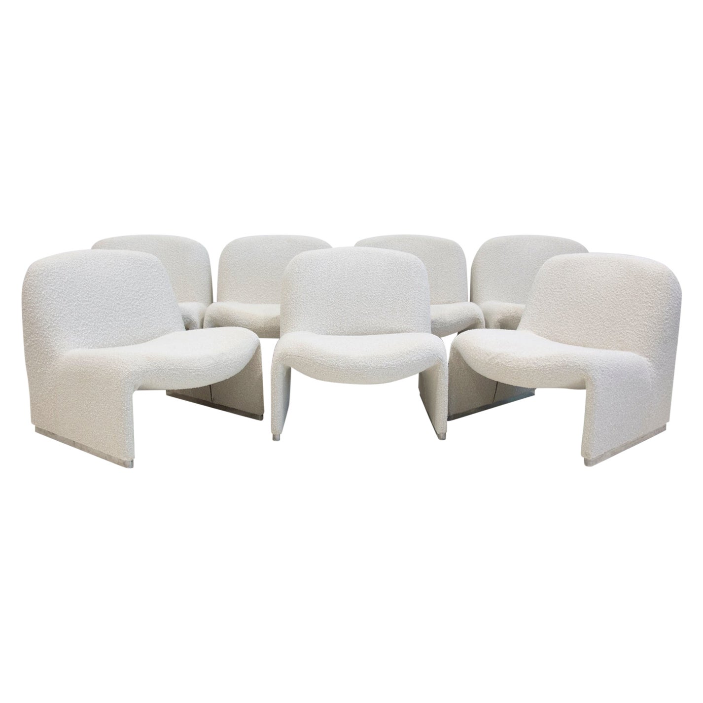 Five White Bouclé Fabric Upholstered Giancarlo Piretti Alky Easy Chairs