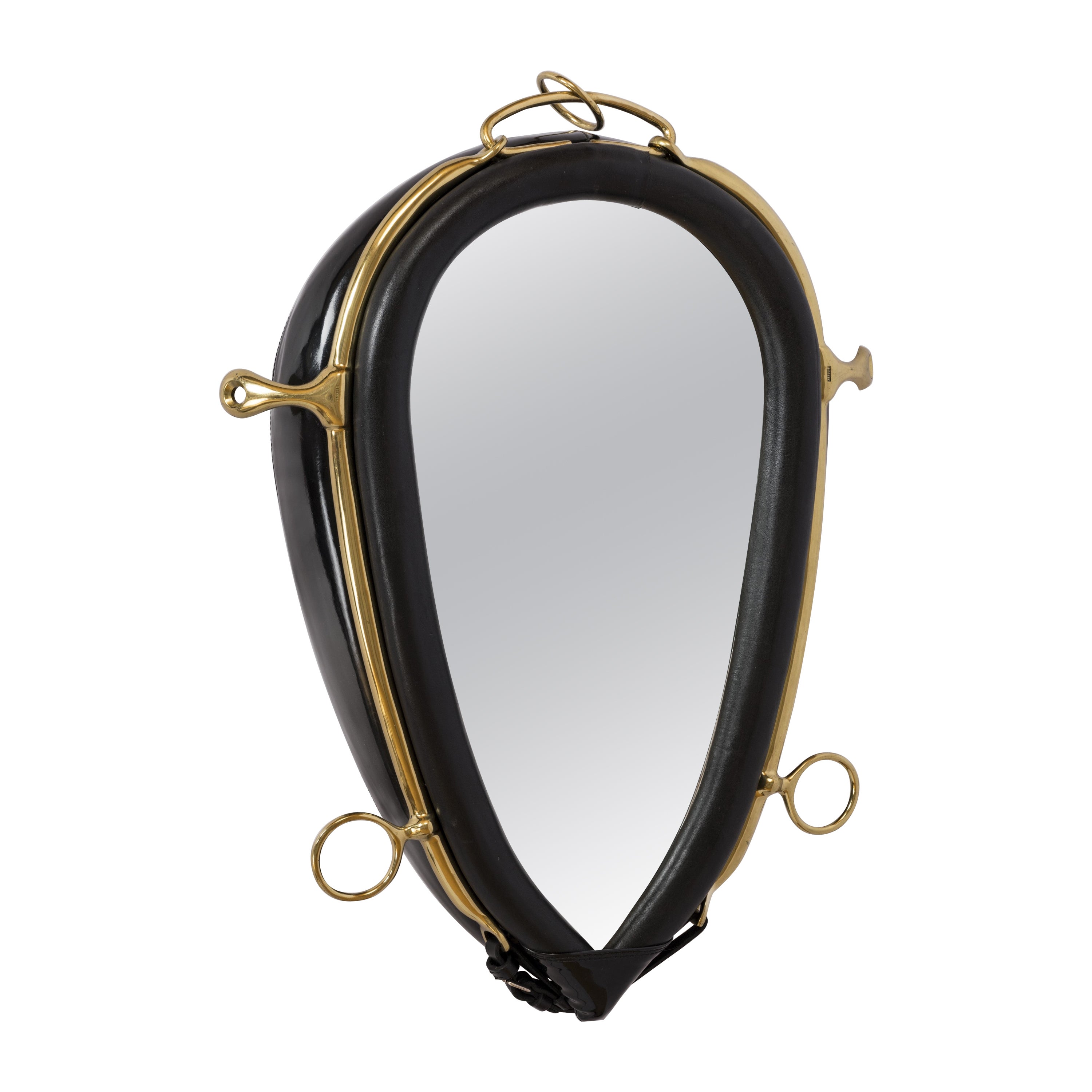 Padded Black Faux Leather & Brass Equestrian Mirror by Kieffer - France 1970's For Sale