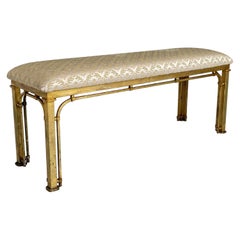 Italian floral fabric footrest or bench with golden metal structure, 1980s