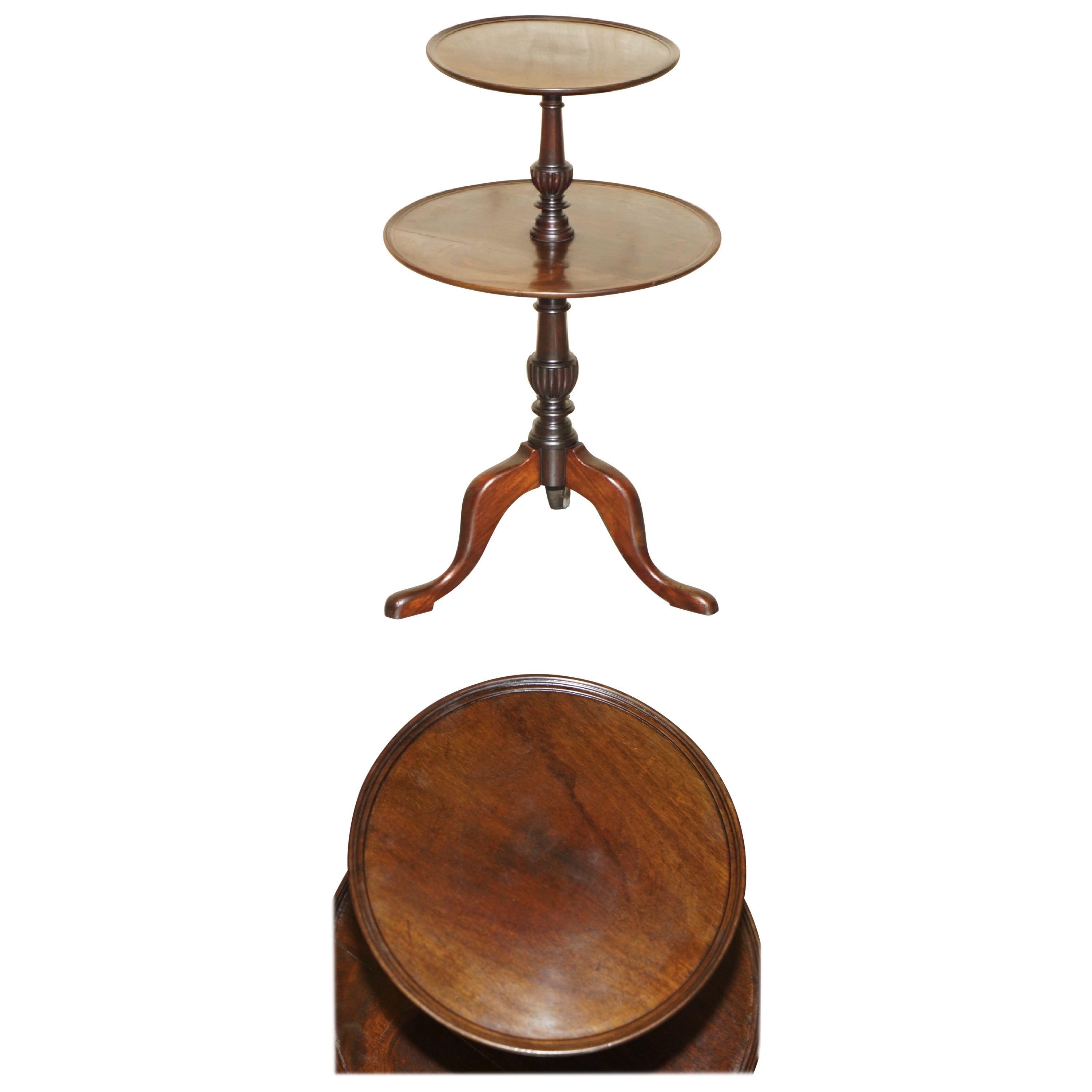 TWO TIERED ANTIQUE HARDWOOD TRIPOD TABLE WiTH ROTATING MIDDLE SHELF For Sale