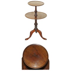 TWO TIERED ANTIQUE HARDWOOD TRIPOD TABLE WiTH ROTATING MIDDLE SHELF
