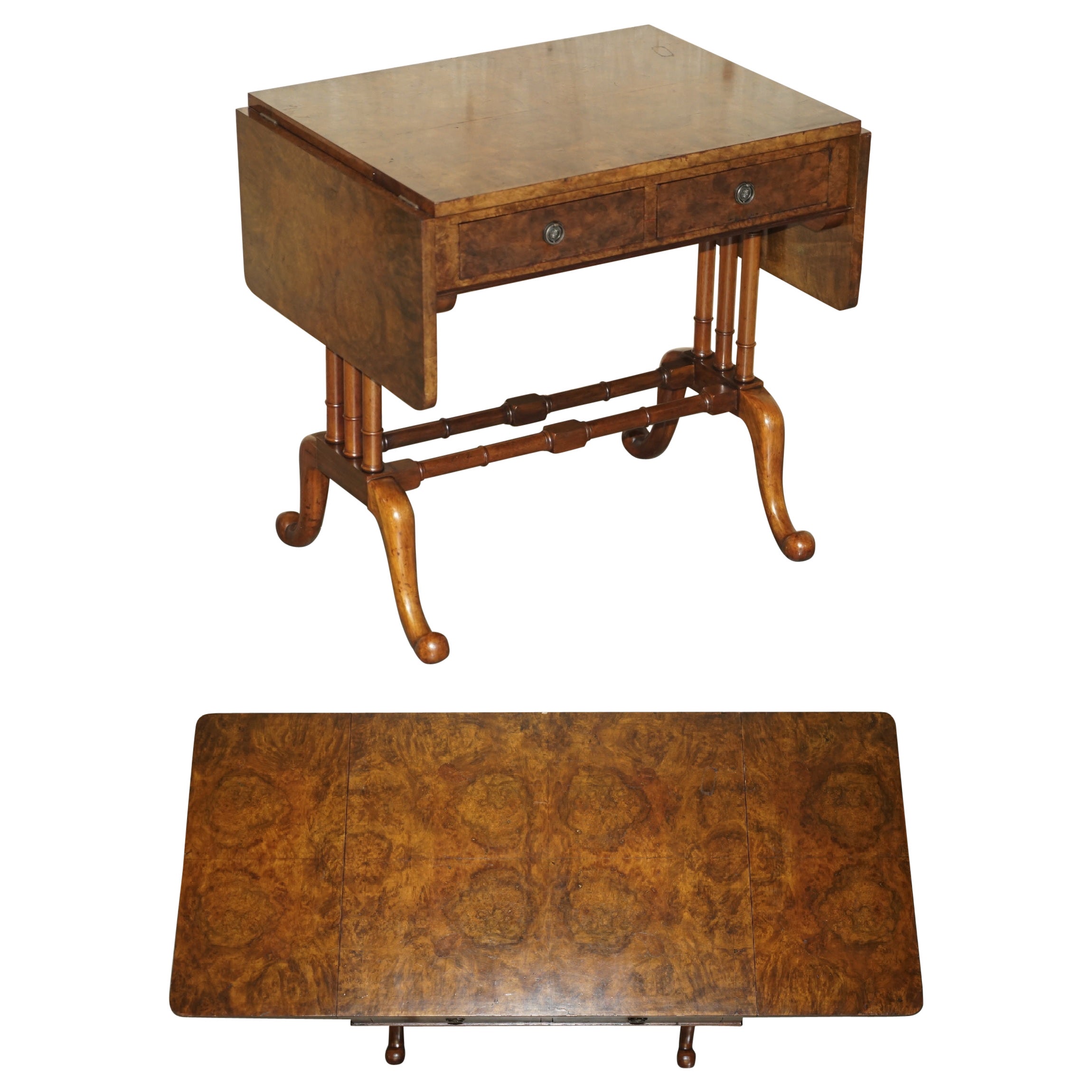 ANTIQUE CIRCA 1880 EXTRA LARGE BURR WALNUT EXTENDING SOFA TABLE STUNNING PATiNA For Sale
