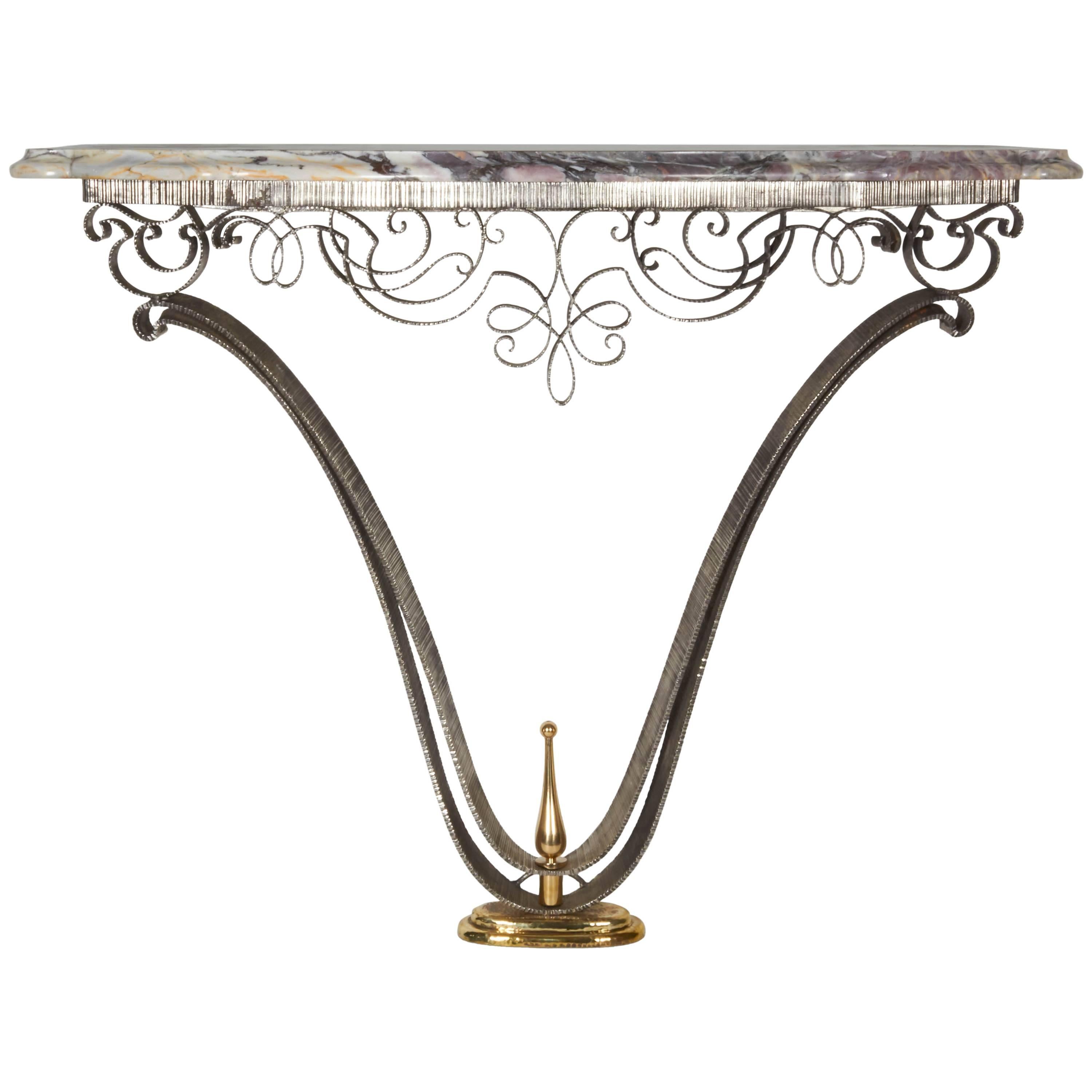 Fine French Art Deco Iron and Brass Console with Marble Top Poillerat