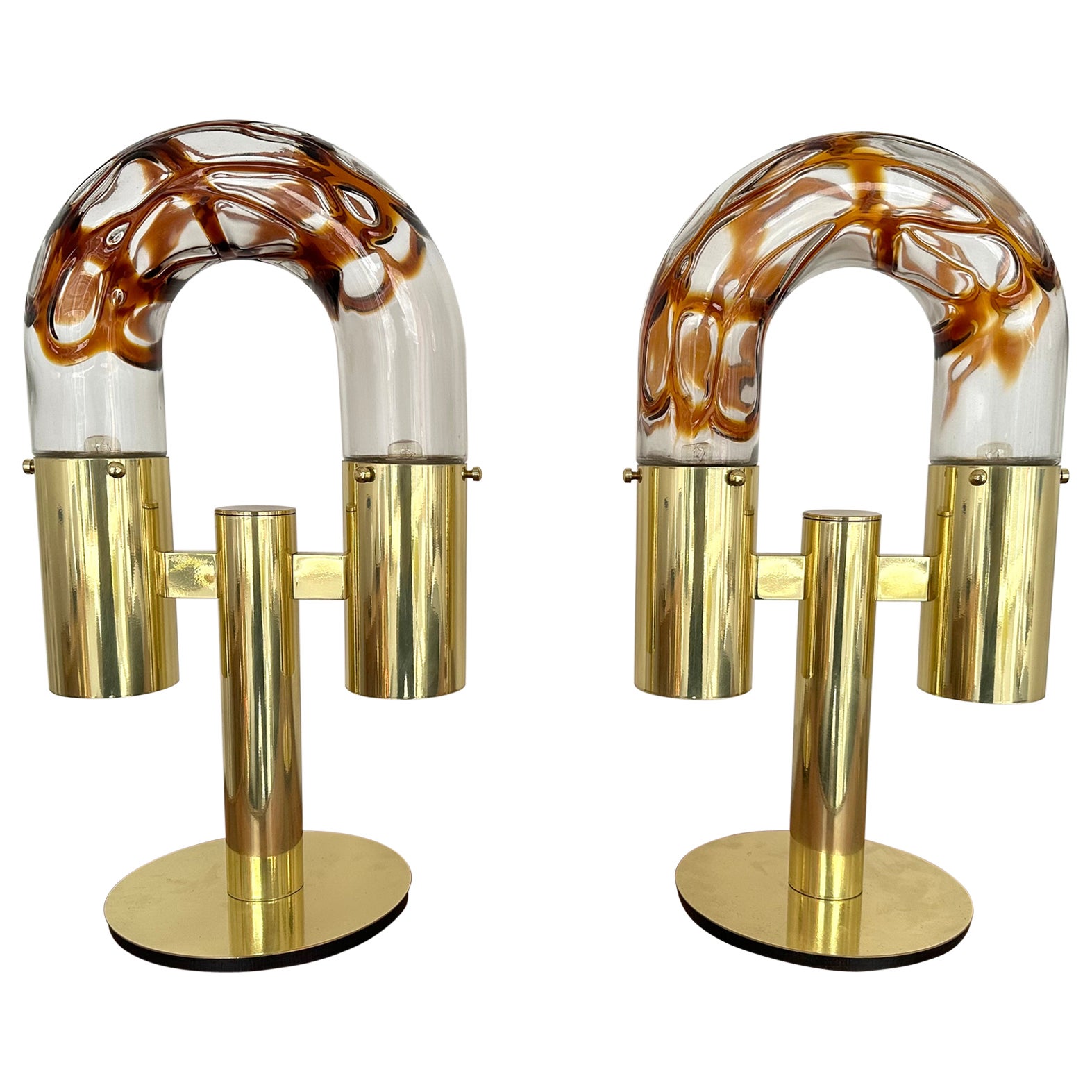 Pair of Brass and Murano Glass Lamps by Aldo Nason for Mazzega, Italy, 1970s For Sale