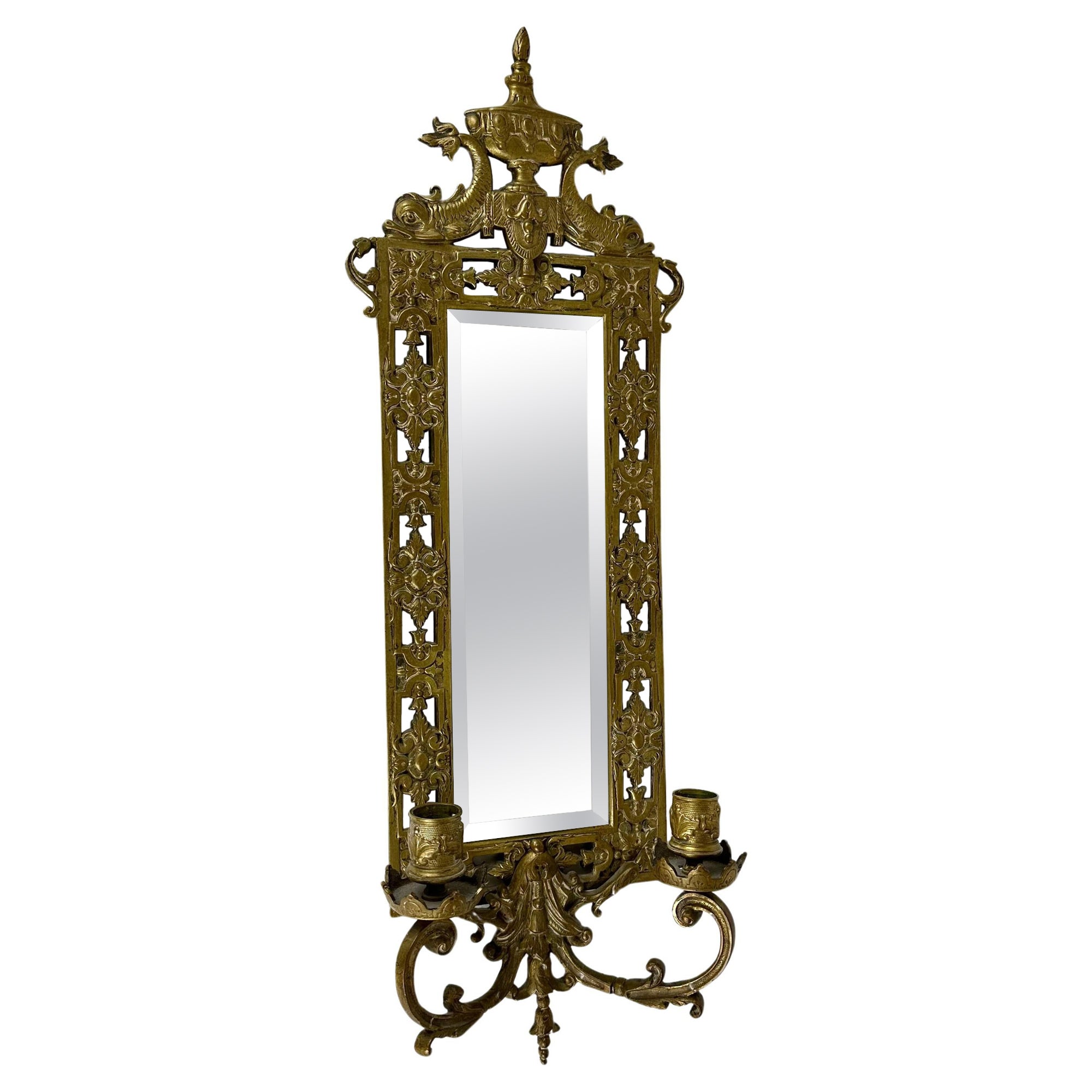 Antique Victorian Wall Mirror With Two Candlesticks, France 1910 For Sale