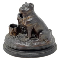 Porte-cigares antique en poterie émaillée au sel de la fin du 19e siècle, avec chien figuratif.