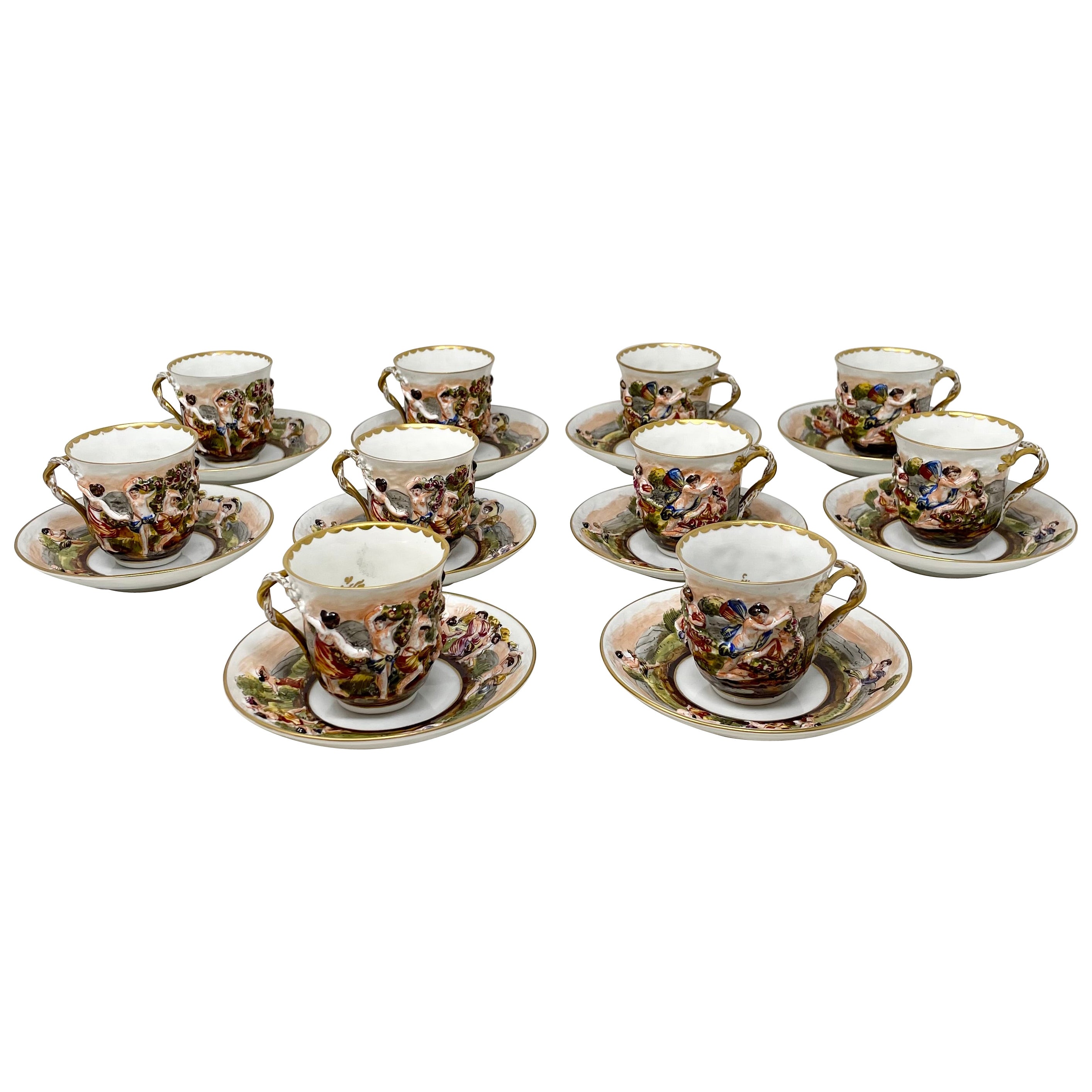 Set of 10 Antique Italian Capo di Monte Demi-Tasse Cups & Saucers, circa 1880's. For Sale
